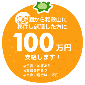 東京圏から和歌山に移住し就職した方に100万円支給します! ※子育て加算あり ※支給要件あり ※単身の場合は60万円